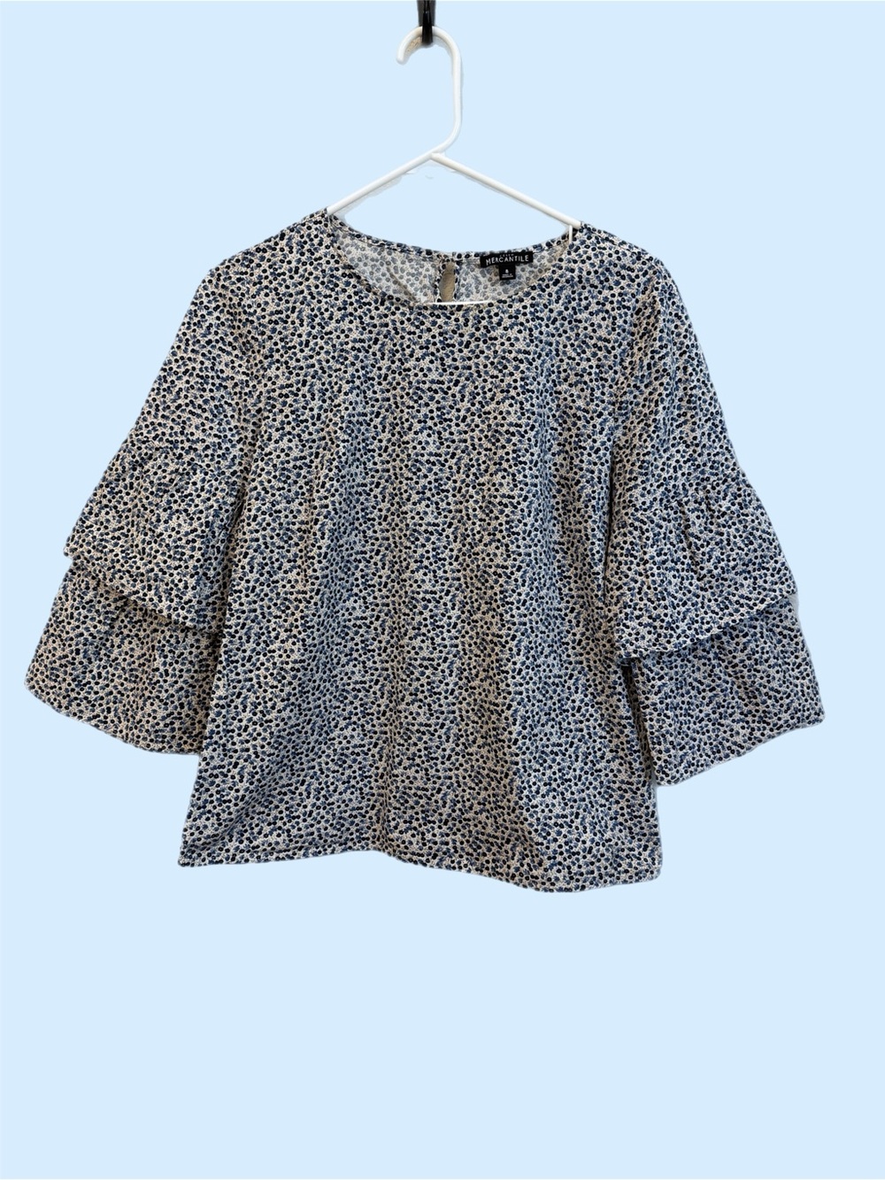 J. Crew Blue and White Ditsy floral Tiered Bell Sleeve Blouse Sz 8